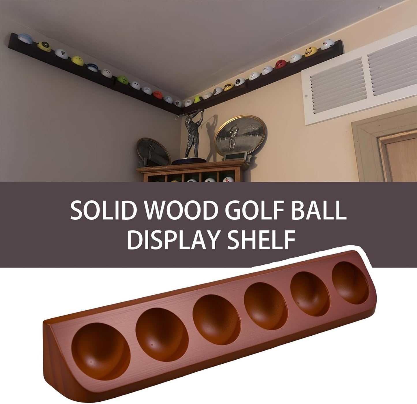Wooden Golf Ball Display Shelf, Holds 6 Standard Golf Balls, Ideal Collector Display for Golf Enthusiasts, Wall Mount or Tabletop Display for Sports Memorabilia(Brown)