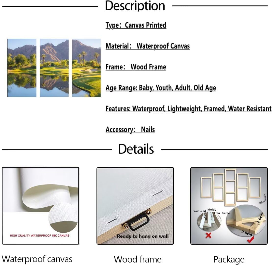 California Golf Course Wall Art Pictures USA Golf Course Wall Decor for Office Living Room Bedroom Home Decoraitons Framed Artwork Canvas Prints Ready to Hang(20''W x 40''H x3)