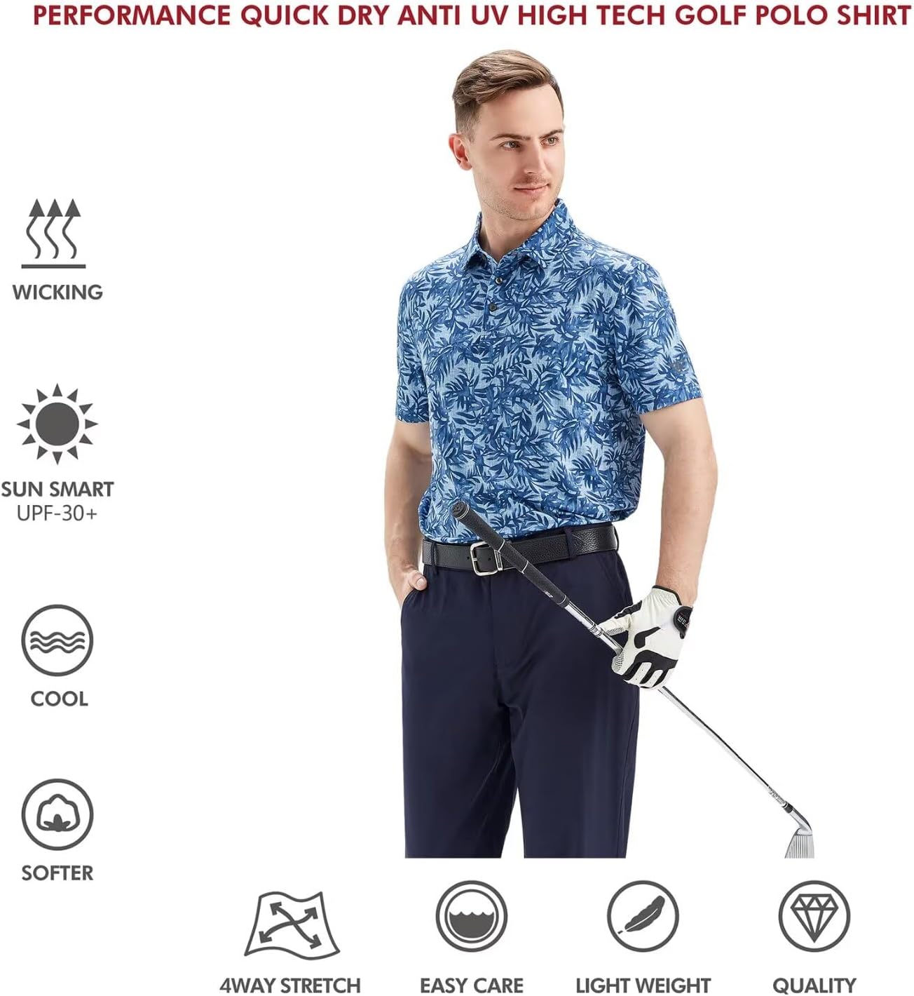 Golf Shirts for Men Dry Fit Short Sleeve Print Performance Moisture Wicking Polo Shirt