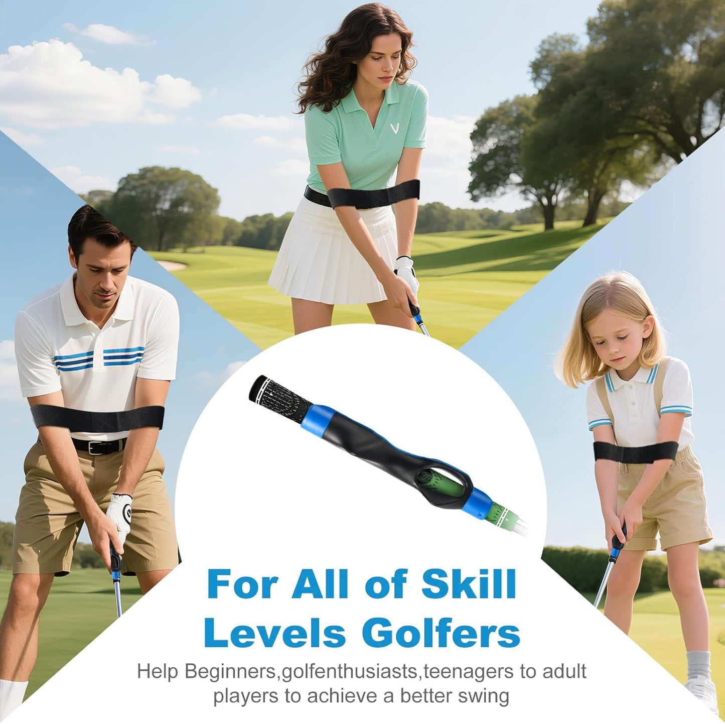 Golf Grip Trainer with Swing Band, Lightweight Ergonomic Training Aid for Grip Strength & Swing Technique, Build Muscle Memory for Beginners to Advanced Golfers (Indoor/Outdoor)