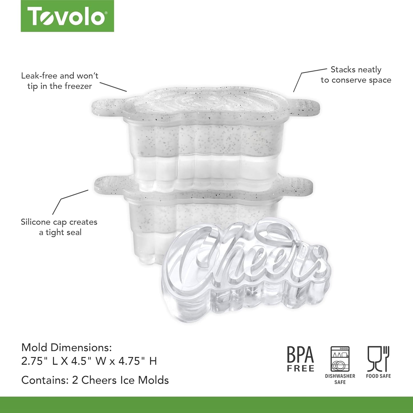Tovolo Cheers Shaped Ice Molds, Set of 2 - Large Cheers Ice Mold Gift - Unique Ice Mold Chills Drinks - Odor-Free Freezer Storage, Dishwasher-Safe with Silicone Plunger