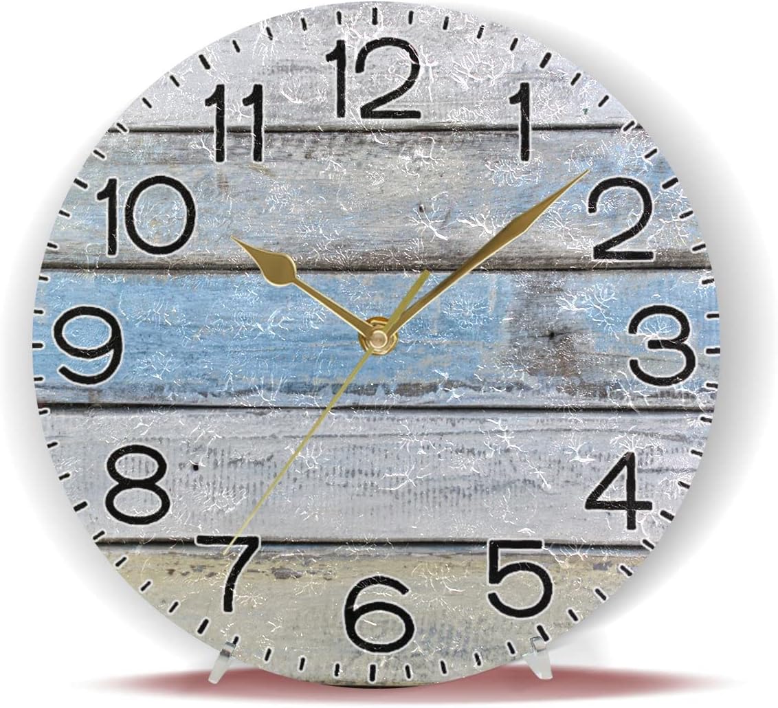 White and Blue Wood Texture Wall Clock Battery Operated Non Ticking Silent Quartz Analog Rustic Farmhouse Round Clock Retro Decor for Home Kitchen Living Room Bathroom