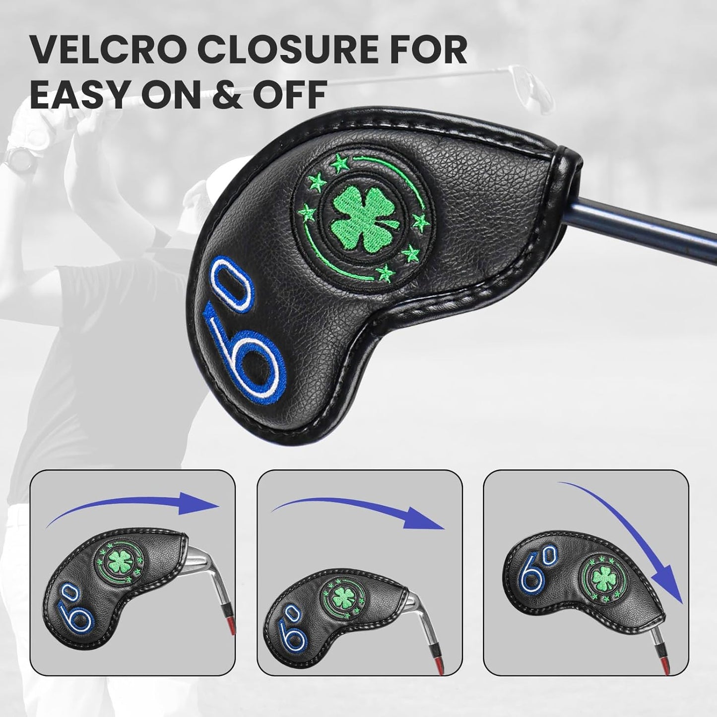 Golf Iron Wedge Head Covers 52° 54° 56° 60° 1 or 4 Pack, Synthetic Leather Clover USA Flag Design Club Head Protection, Universal Headcover Fit Iron Clubs for Men Women