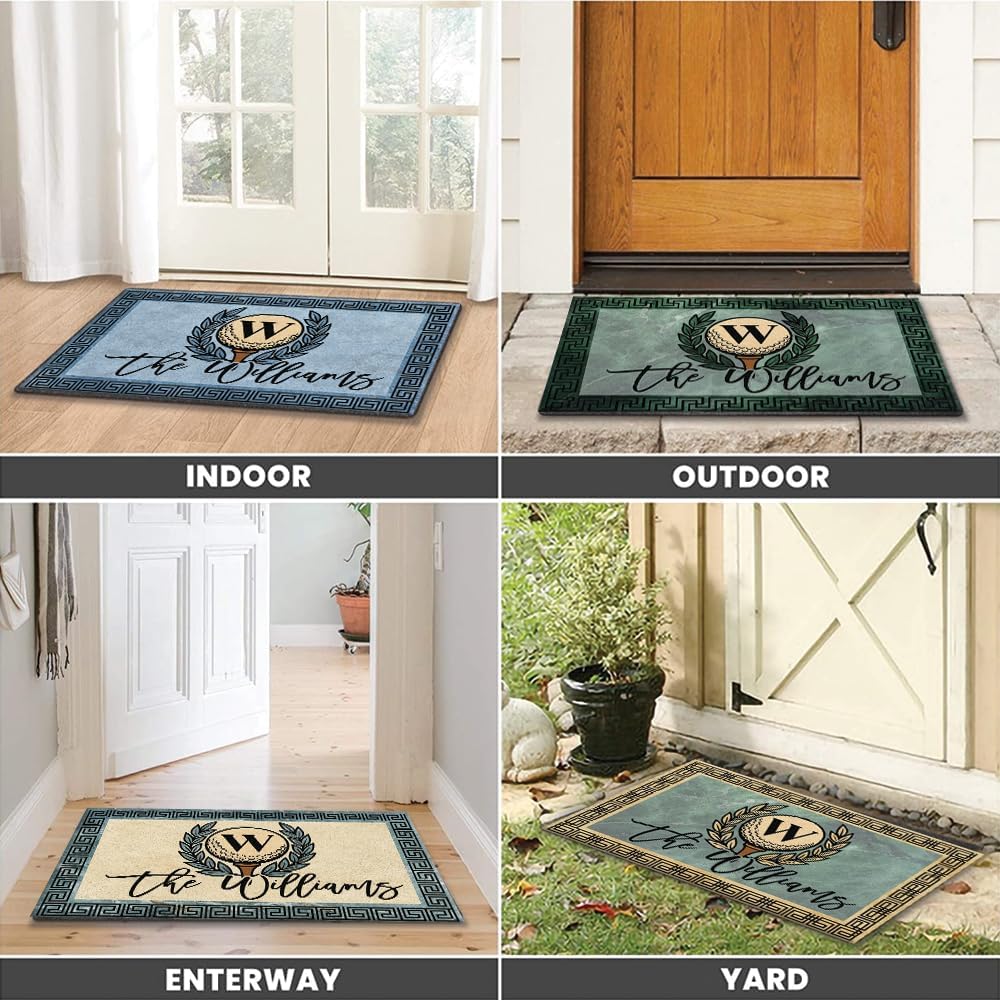 Personalized Golf Doormat with Monogram Initial – Custom Family Name Rug with Laurel Wreath & Marble Background – Non Slip Outdoor Entry Mat for Porch, Golf Club, or Man Cave Decor
