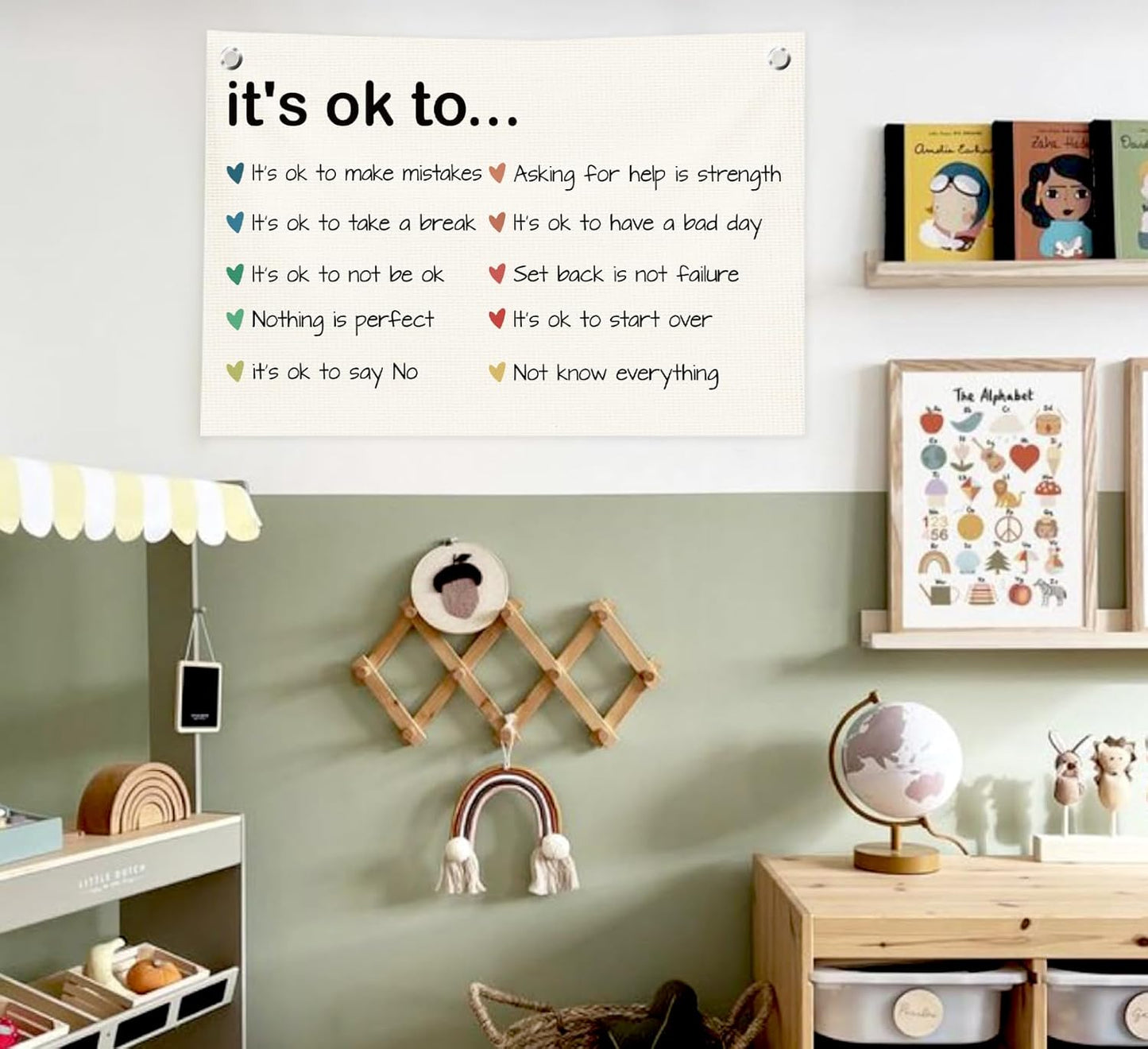 Classroom Wall Decor,Mental Health Canvas Banner Flags,Positive Affirmations Wall Decor for Homeschool Classroom Preschool Nursery Kids Room,30x20 Inch