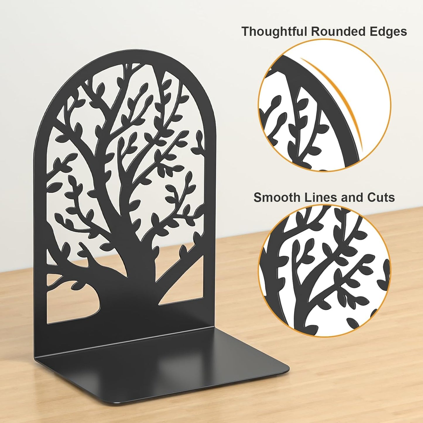 VFINE Tree Style Bookends 3 Pairs, Bookends for Shelves, Tree Metal Book Ends, Book Holder for Shelves, Decorative Unique Black Book Ends to Hold Books, Book Stopper Office Supplies