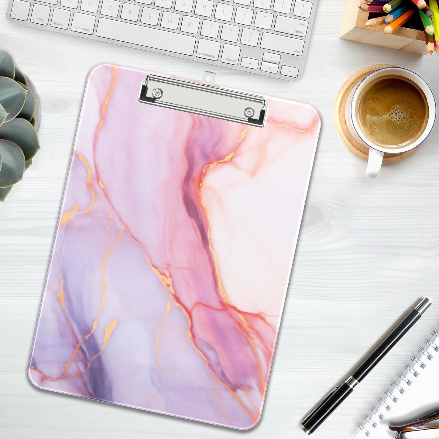 Rimilak Plastic Clipboards with Metal Clip, A4 Letter Size 9 x 12.5 in, Office Decorative for Students Women Men and Kids, Cute Custom Pattern, Pink Gold Marble