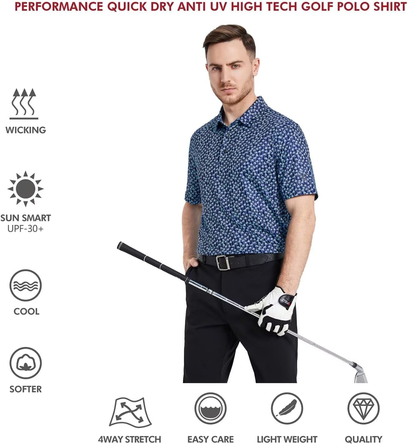 Golf Shirts for Men Dry Fit Short Sleeve Print Performance Moisture Wicking Polo Shirt