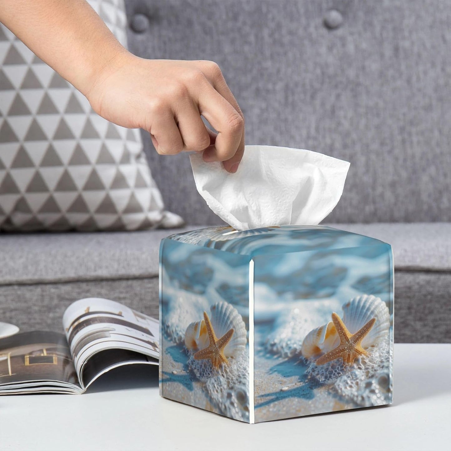 Shells Starfish on Beach Tissue Box Cover Square,Summer Ocean Shells Starfish Tissue Box Holder Waterproof Leather Facial Paper Organizer Dispenser for Bathroom Home Car Nightstand Vanity Desk