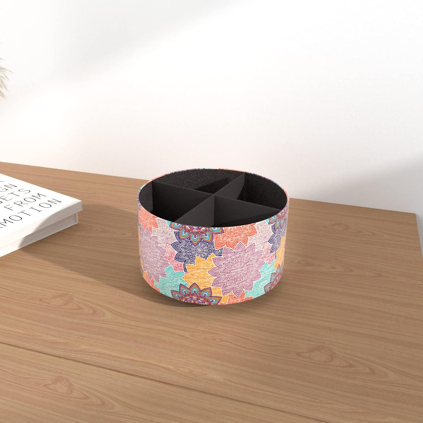 Hennaja Round Leather Art Supply Organizer,Remote Control Holder,360 Degree Rotating,Multi-Functional Pencil Holder,4 Compartments Desktop Stationary Organizer(1-Colorful Flower)