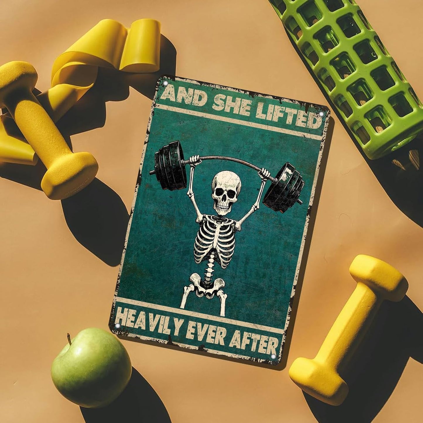 Skeleton Vintage And She Lifted Heavily Ever After Metal Tin Sign 8x12 Inch Gym Metal Poster Funny Skull Gym Tin Sign Home Kitchen Garden Bar Coffee Restaurant Bathroom Are Wall Decor
