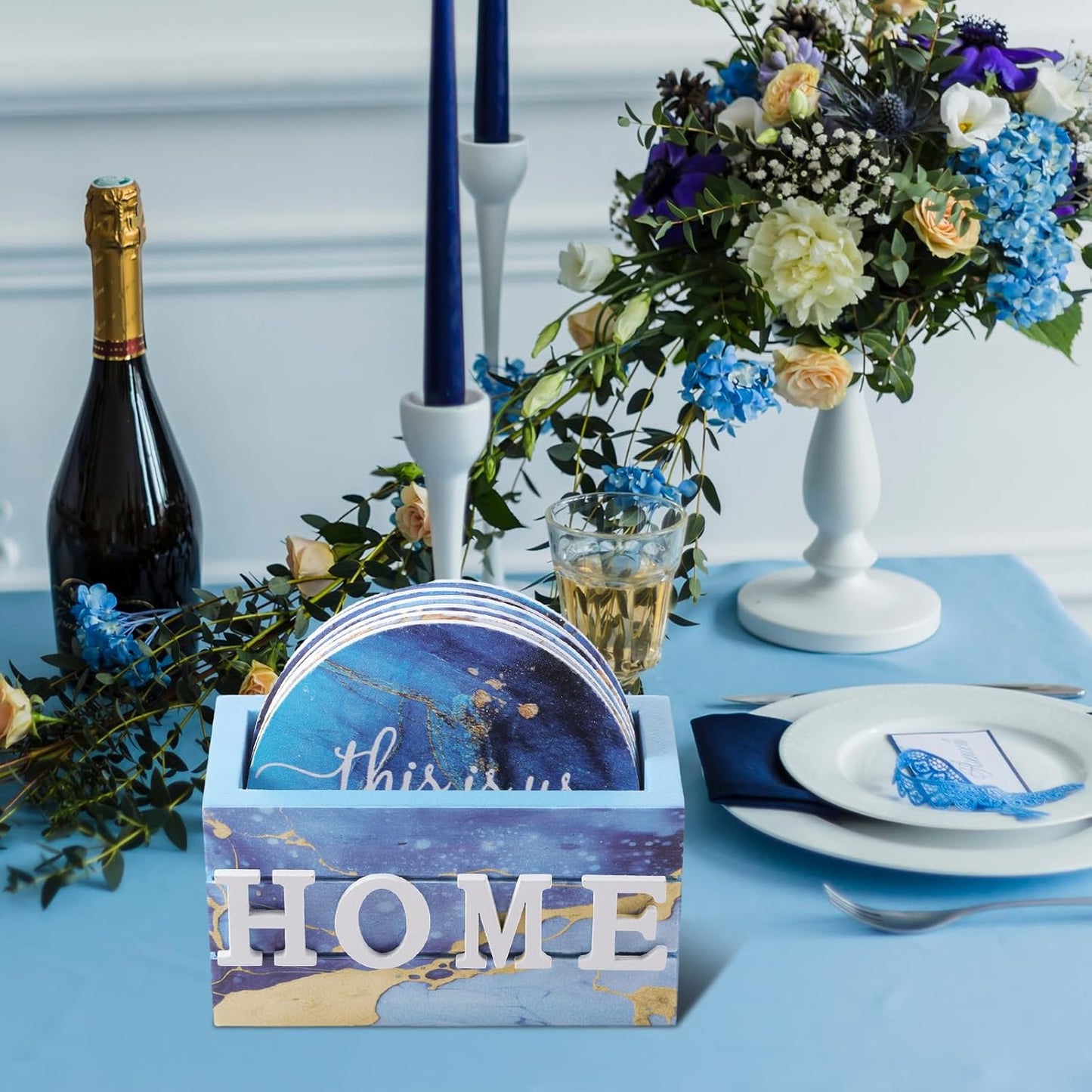 Queekay Housewarming Gifts for Home Decoration Wooden Heart Coasters for Drinks 6 Set Farmhouse Coasters with Holder Funny for Family Coffee Table Protection, 4''(Gilded Blue)