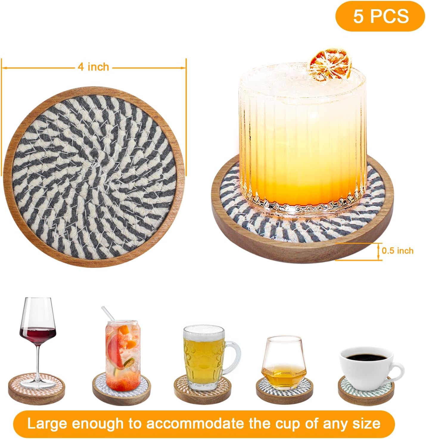 Coasters for Drinks Absorbent Sets of 5, Woven Coasters with Holder, Wood Coasters for Coffee Table, Housewarming Gift for Farmhouse Home Decor, 4 inches (Colorful Series)
