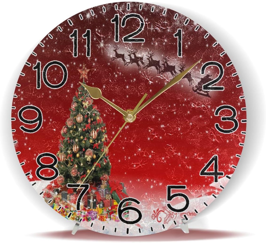 Santa Claus Christmas Tree Wall Clock Battery Operated Non Ticking Silent Quartz Analog Rustic Farmhouse Round Clock Retro Decor for Home Kitchen Living Room Bathroom