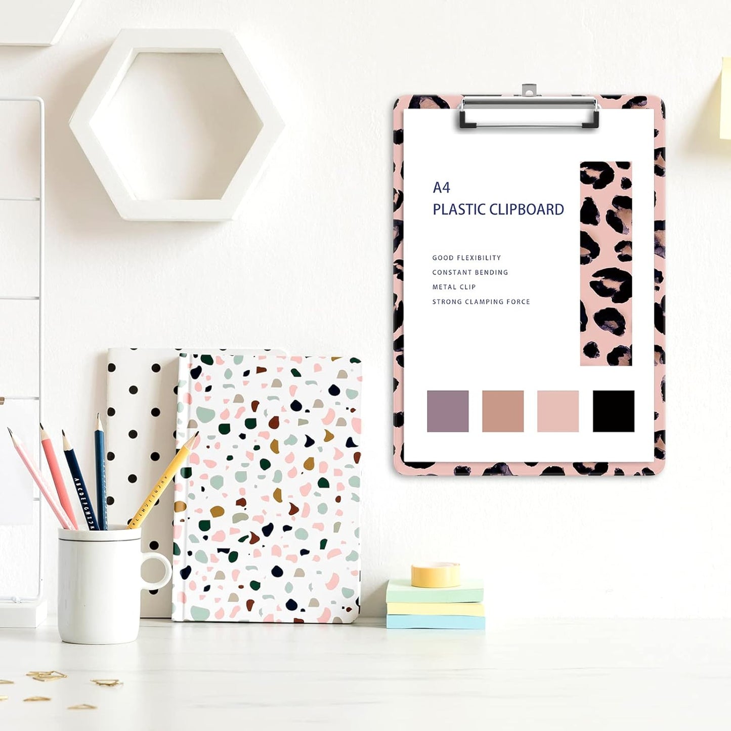 Plastic A4 Clipboards, Cute Clip Board Stardard Letter Size 9 x 12.5 in, Office Decorative for Students Women Men and Kids, Leopard