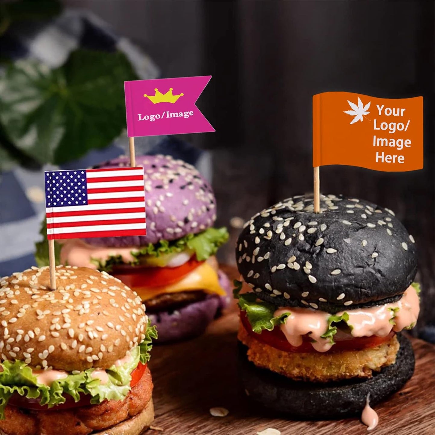 Custom Toothpick Flags with Logo/Photo 100Pcs, Personalized Cheese Markers for Hamburger Cupcakes Toppers Party Decoration Food Labeling -Rectangular