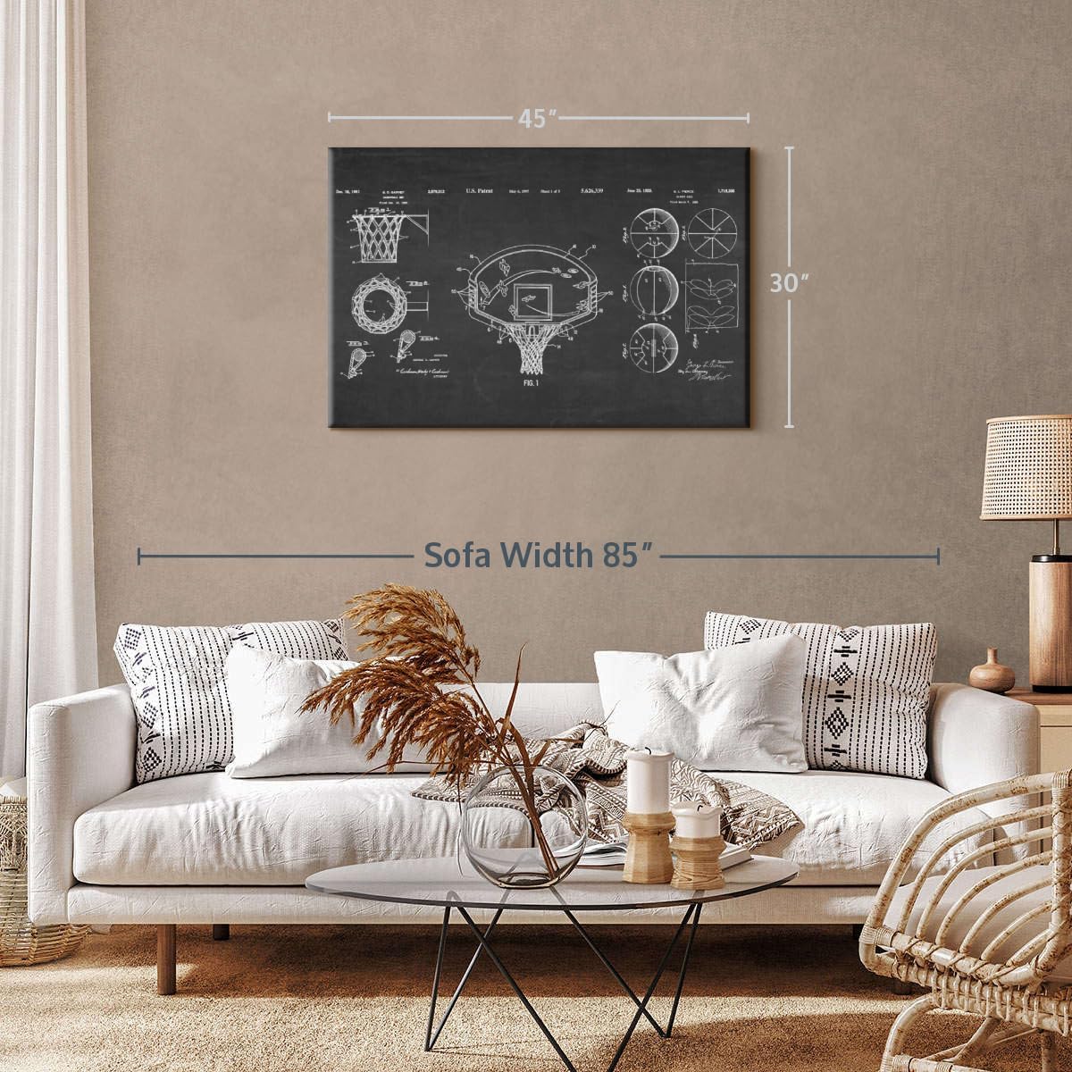 ElephantStock Basketball Patents Canvas - 1 Panel Sports Patent Wall Art Decor - Sports Decorations for Boys Room - Wall Art and Office Decor - 45" X 30"