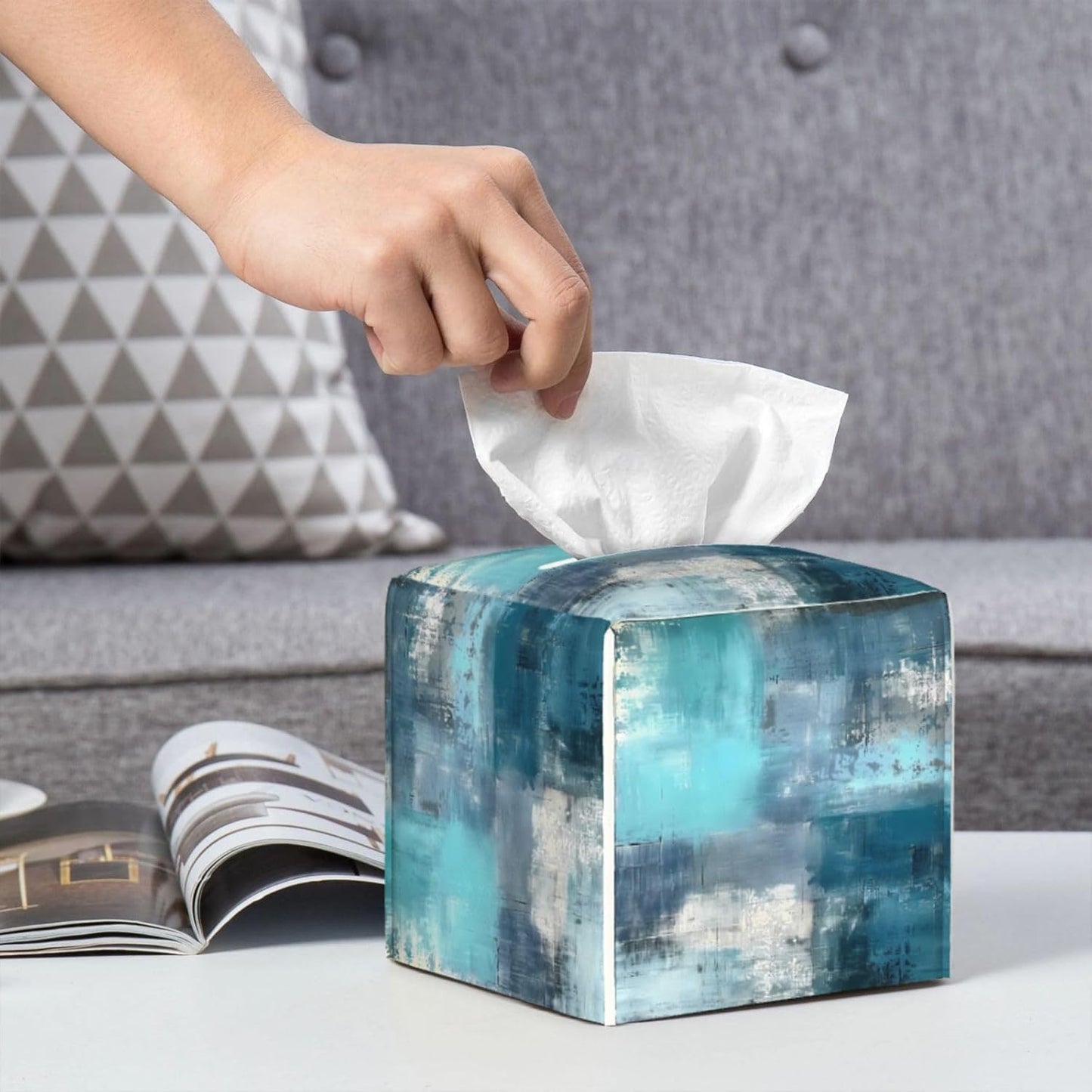 Tissue Box Cover Teal Turquoise Art Texture Square PU Leather Tissue Box Holder for Car Bathroom Bedroom Desk Tabletop Decor