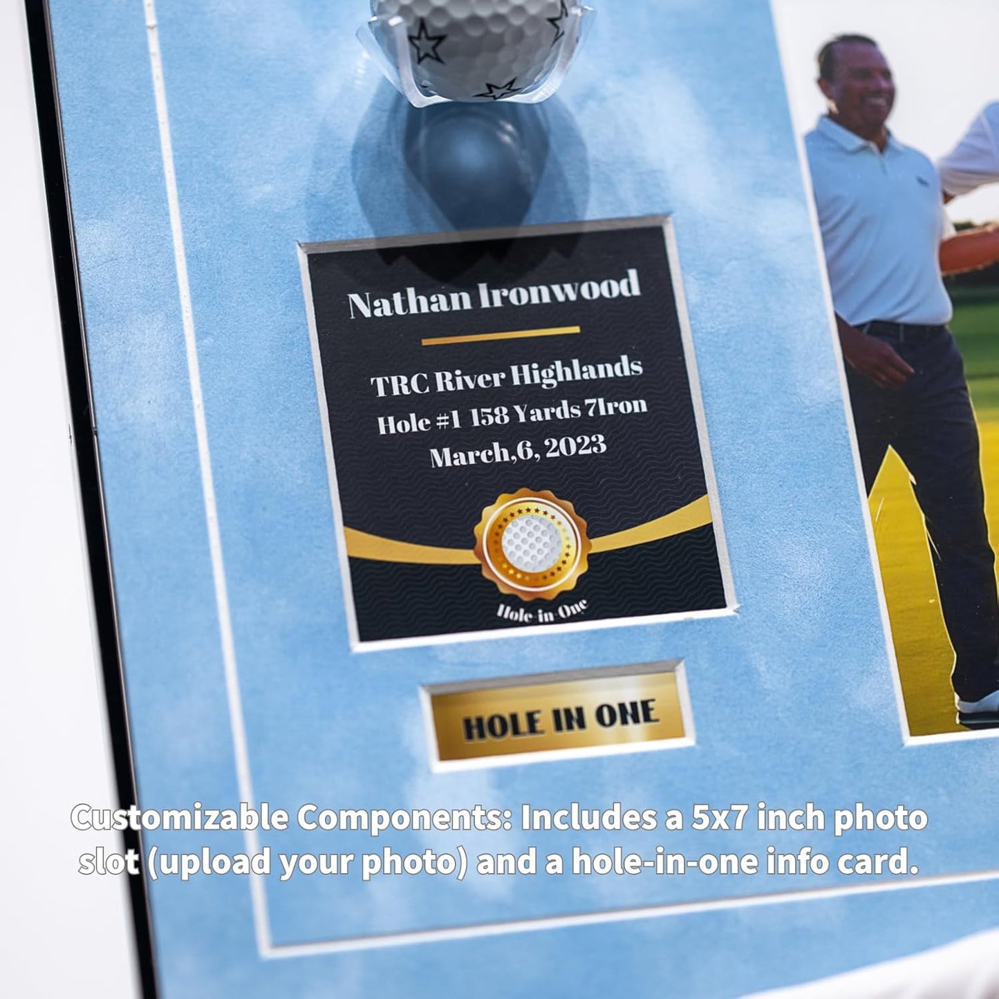 One-Shot Victory Golf Ball Display Frame – Acrylic Case with External Ball Mount, Custom Photo & Nameplate, Babyblue Suede Mat, Elegant Golf Keepsake Gift