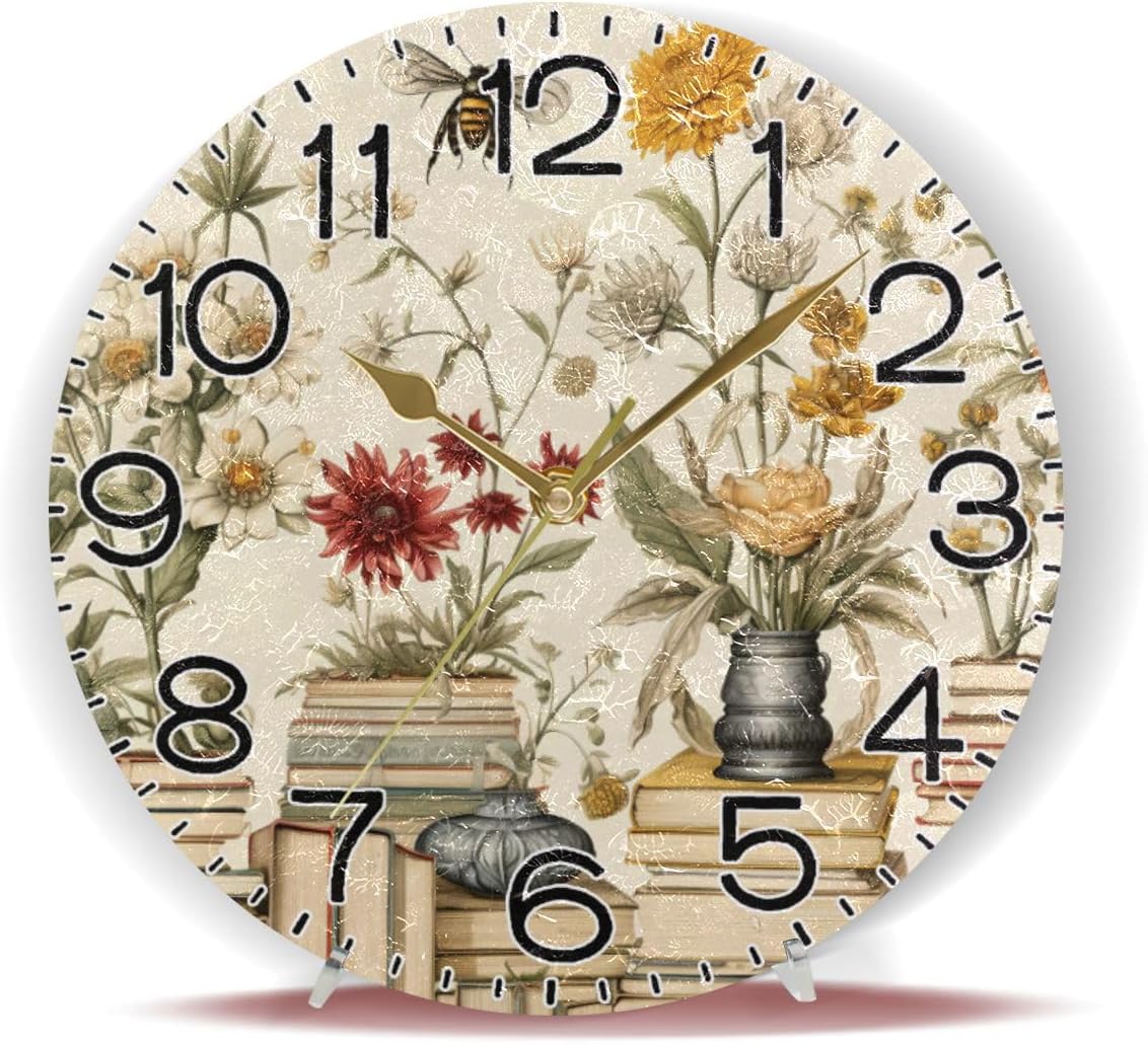 Vintage Yellow Books Flowers Bees Wall Clock Battery Operated Non Ticking Silent Quartz Analog Rustic Farmhouse Round Clock Retro Decor for Home Kitchen Living Room Bathroom