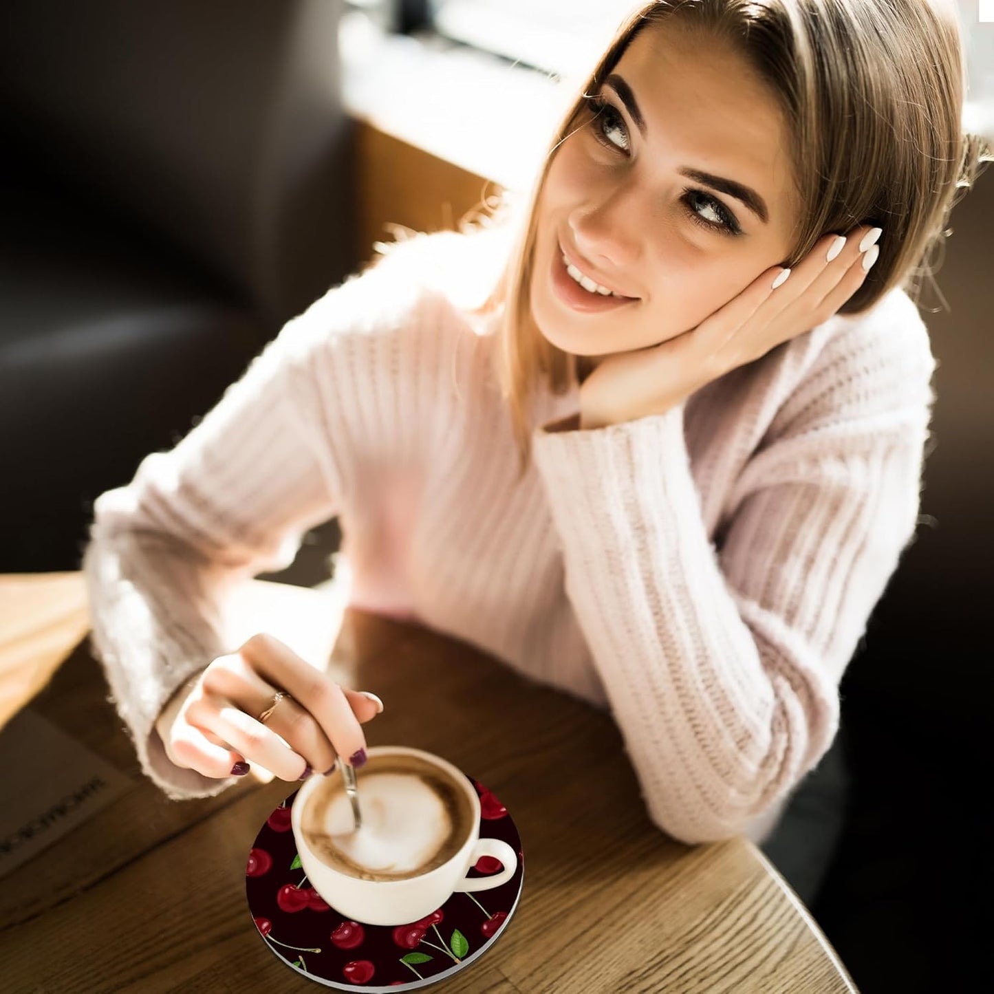 Coasters for Drinks,Red Cherry Cute Absorbent Coaster Set of 4 with Cork Base,Ceramic Drink Coasters for Cold Drinks Wine Glasses Cups Mugs,Housewarming Gifts for Home Decor