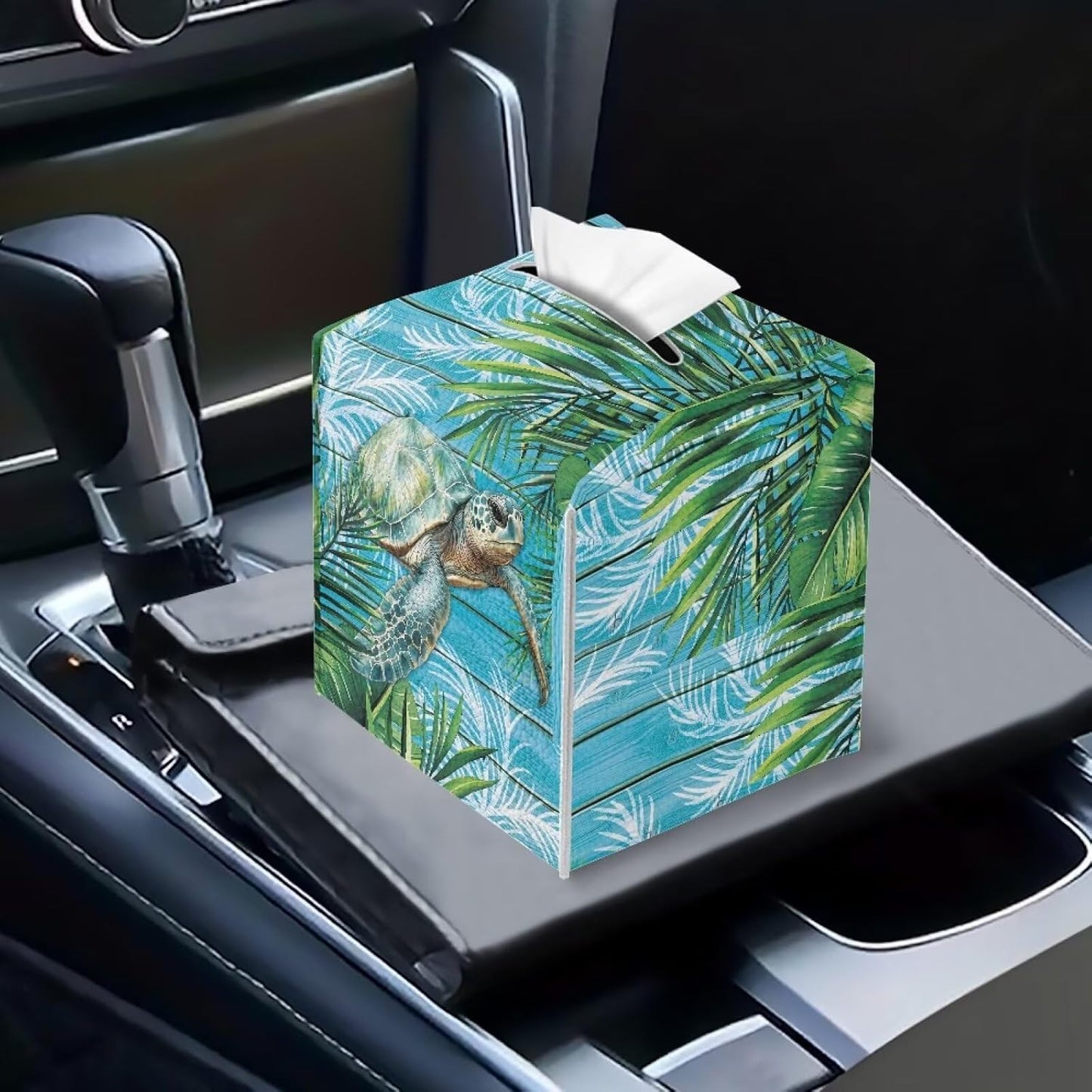 Sea Turtle Tissue Box Cover Waterproof Square PU Leather Facial Tissue Box Holder for Dresser Bathroom Decor Foldable Easy to Storage or Take