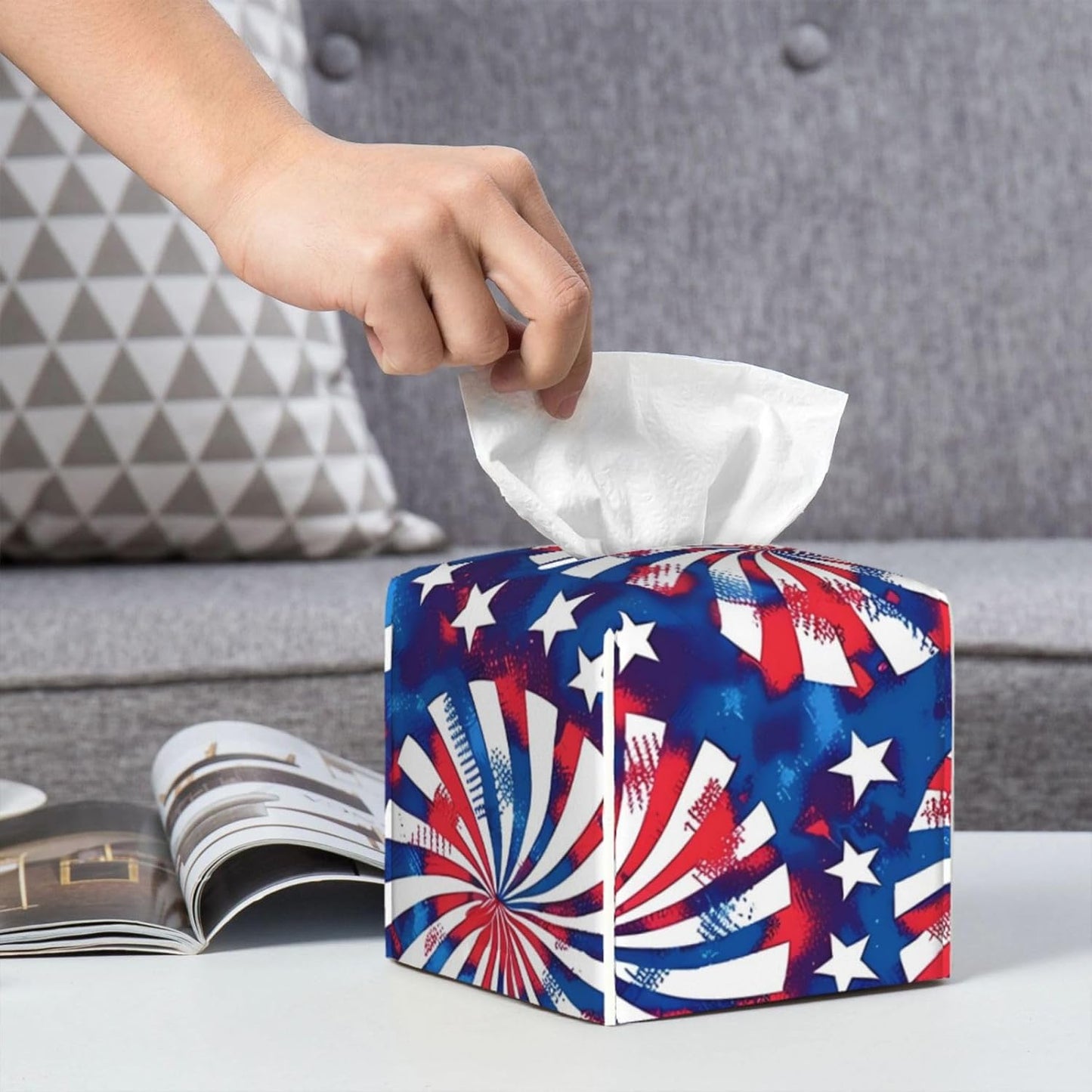 Tissue Box Cover American 4th of July Blue Red Elements Square PU Leather Tissue Box Holder for Car Bathroom Bedroom Desk Tabletop Decor