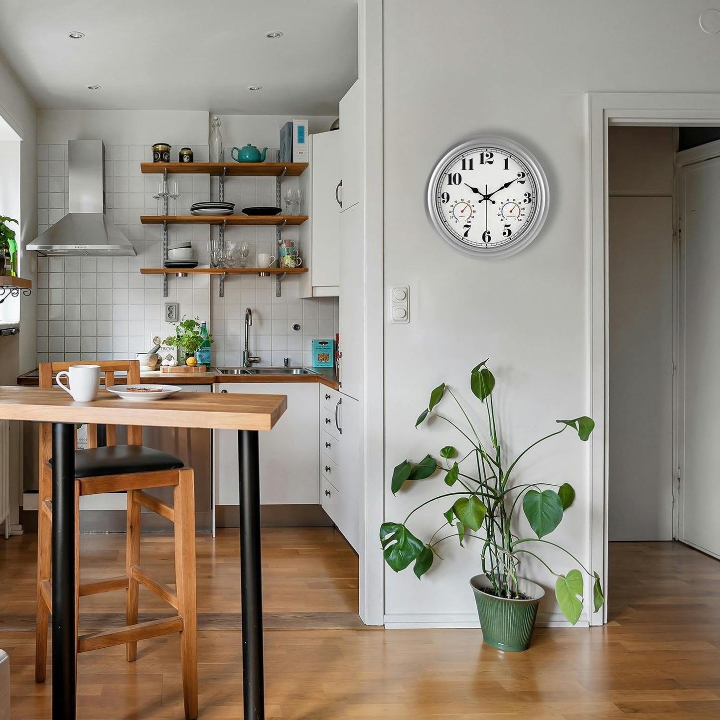 JENLYSTIME 13 Inch Outdoor Clock, Waterproof and Silent, with Thermometer and Hygrometer, Large Numbers for Easy Reading, Perfect for Home,Office,Bedroom,Kitchen,Porch,Garden,Pool(Silver)