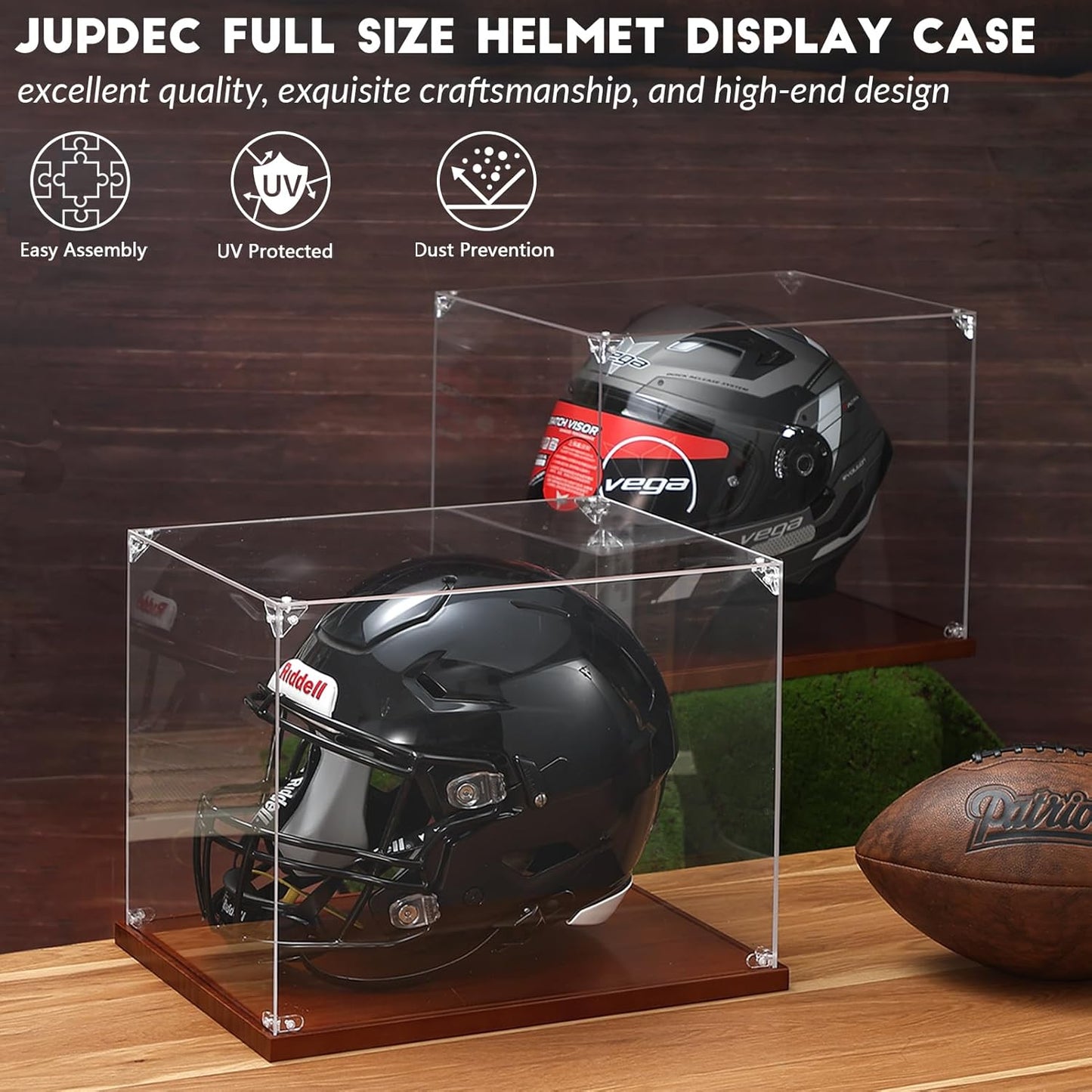 JupDec Football Helmet Display Case, Full Size Acrylic Baseball Motorcycle Helmet Showcase, UV Protection Souvenirs and Collectibles Box with Solid Wood Base & Riser, Ideal Gift for Sports Enthusiast