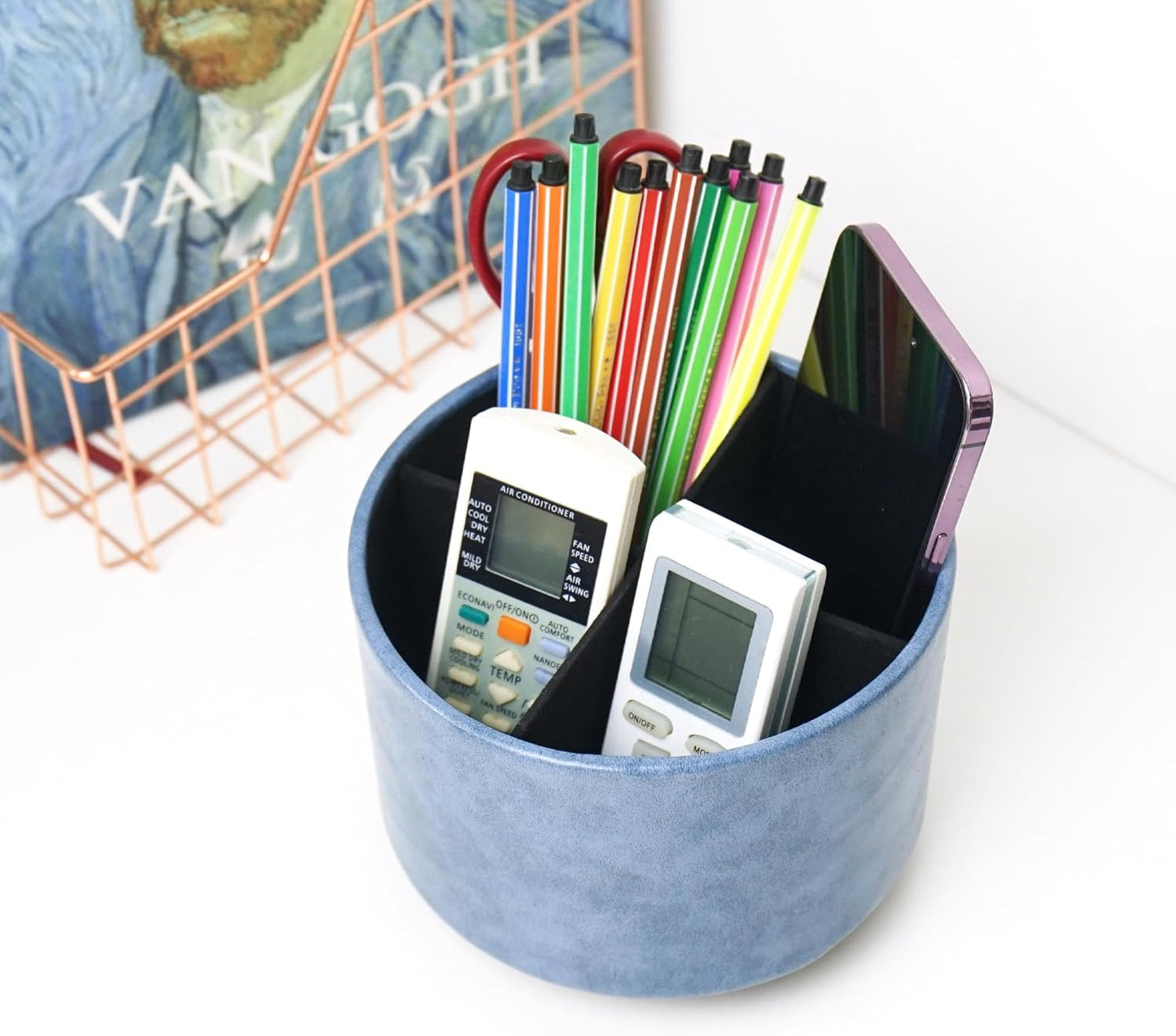 Hennaja Round Leather Art Supply Organizer,Remote Control Holder,360 Degree Spinning,Multi-Functional Pencil Holder,4 Compartments Desktop Stationary Organizer(1-Oil Blue)