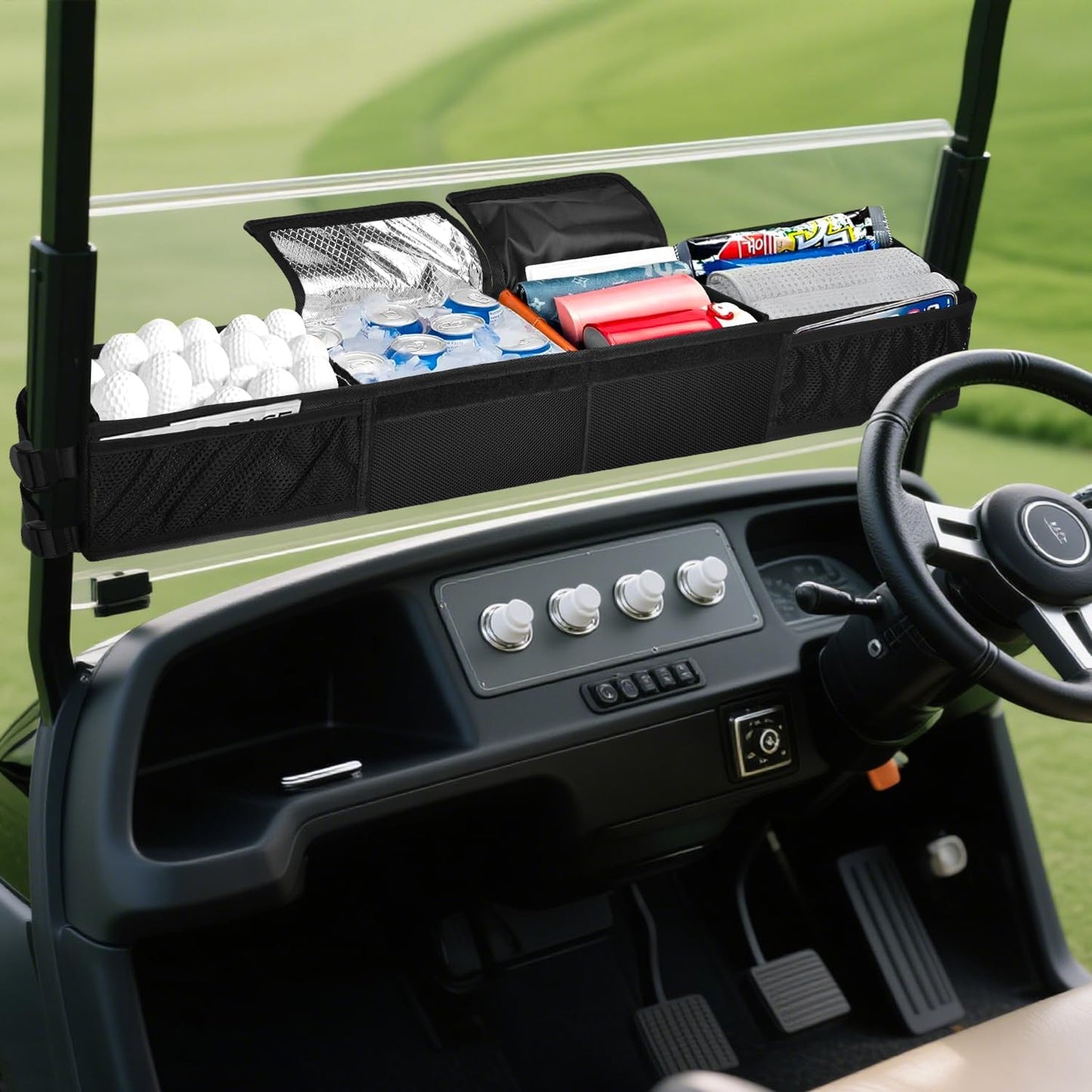 Golf Cart Front Storage Basket Tray - No-Drilling Installation, Cooling Compartment - Compatible with EZGO, Club Car, Kandi Golf Cart Organizer