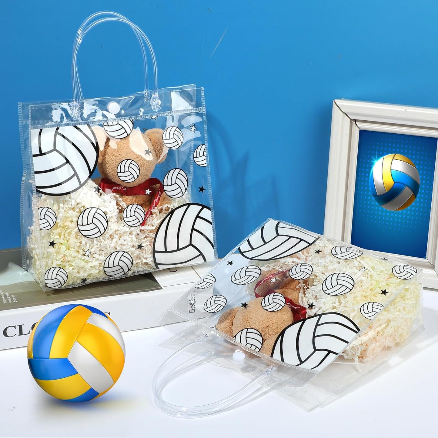 Liobelon 24 Pieces Volleyball Clear PVC Gift Bag with Handles Transparent Volleyball Goodie Bags 8 x 8 x 3.2Inch Sport Theme Party Favor Bag for Birthday Holiday Sports Team (volleyball)