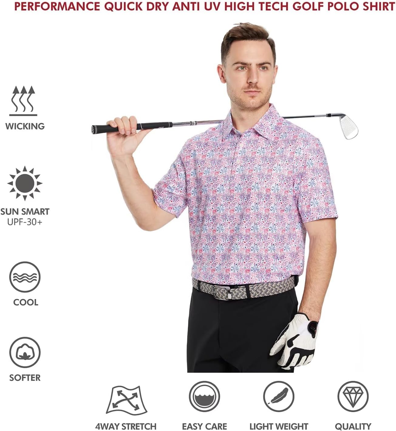 Golf Shirts for Men Dry Fit Short Sleeve Print Performance Moisture Wicking Polo Shirt