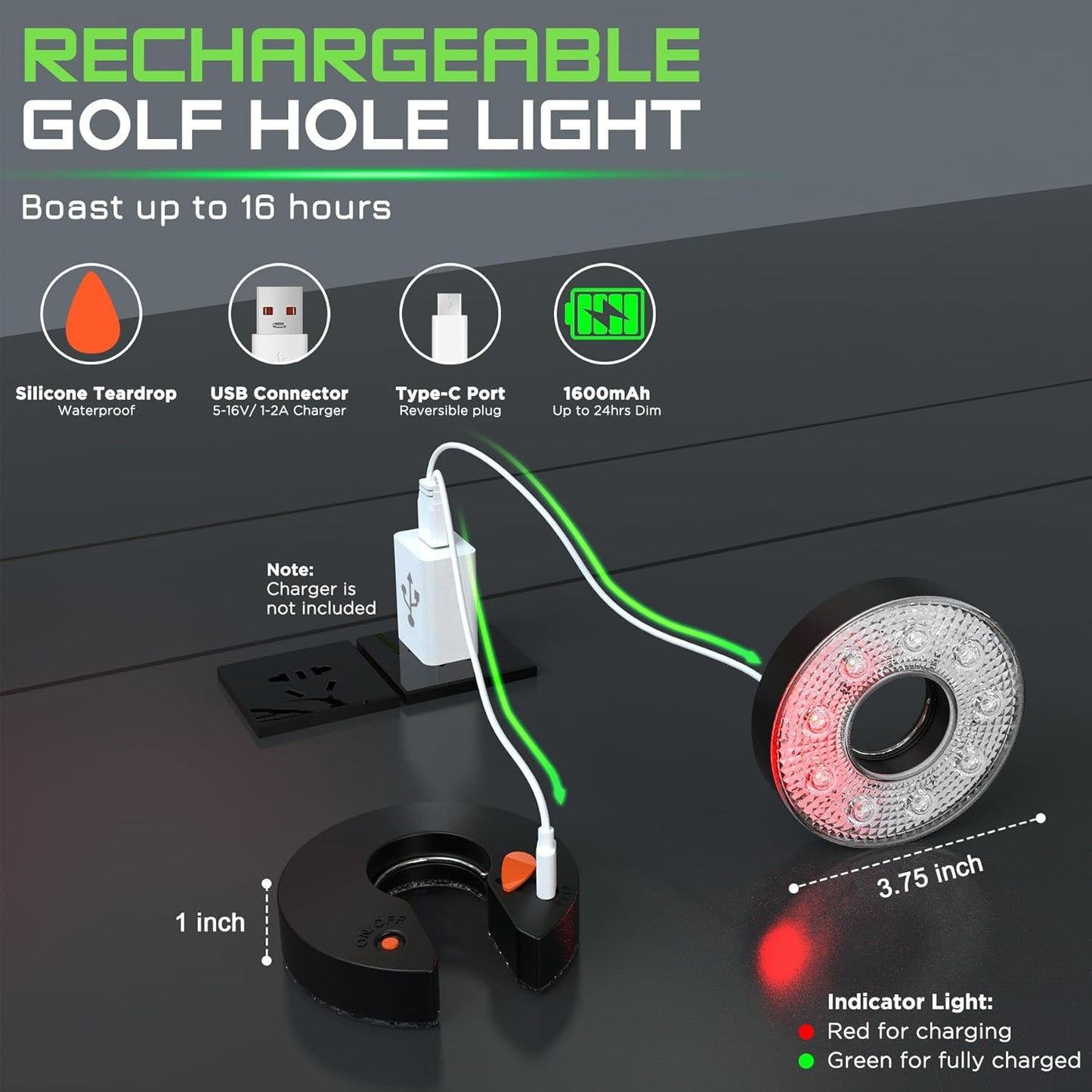 KINGTOP Rechargeable LED Golf Hole Light - Waterproof, Focused Illumination Lens, Remote-Controlled, Perfect for Backyard Night Golf Practice Putting Green Cup Lights, Camping, Outdoor Party