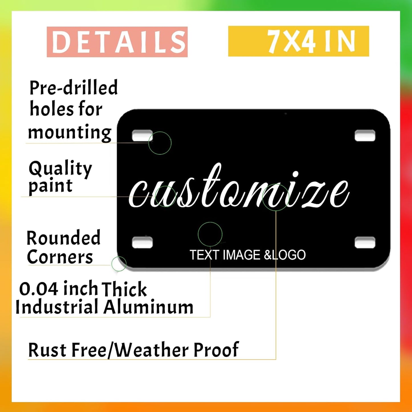 Custom License Plate,7x4 Inches Front License Plate,Thick Rust-Free,Custom Car Tags,Personalized License Plate for Power Wheels | Wagons | ATV | Golf Cart Accessories | Motorcycle