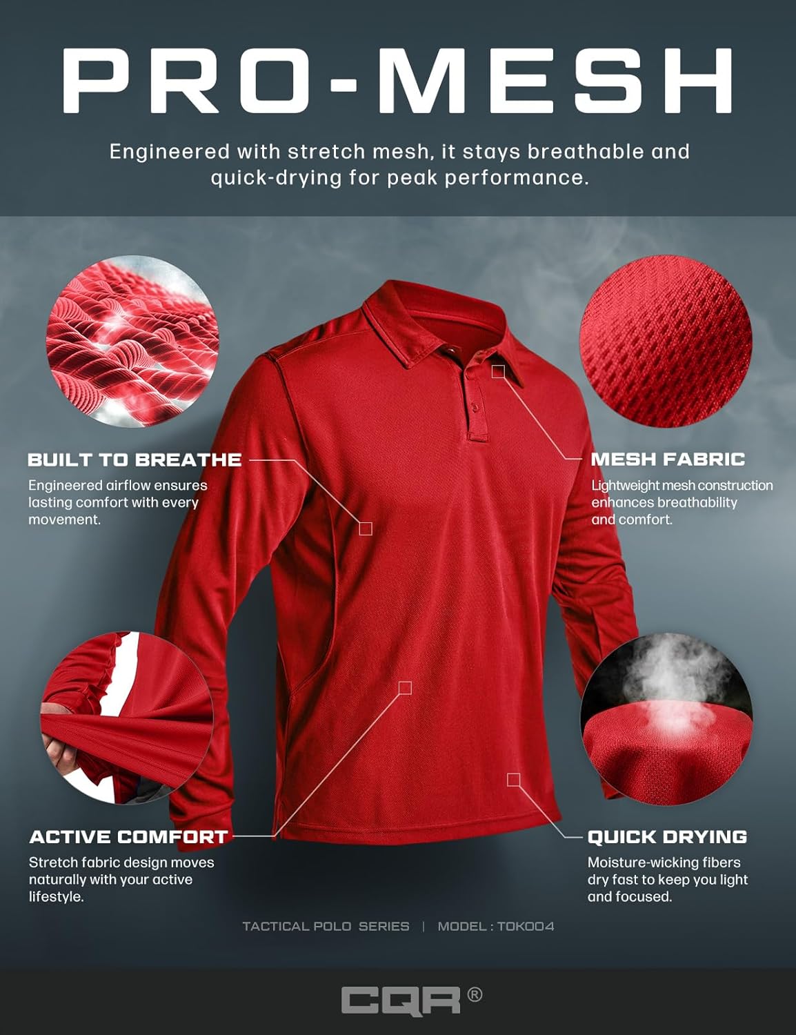 CQR Men's Polo Shirt, Long Sleeve Tactical Shirts, Outdoor UPF 50+ Pique Shirt, Dry Fit Lightweight Golf Shirts