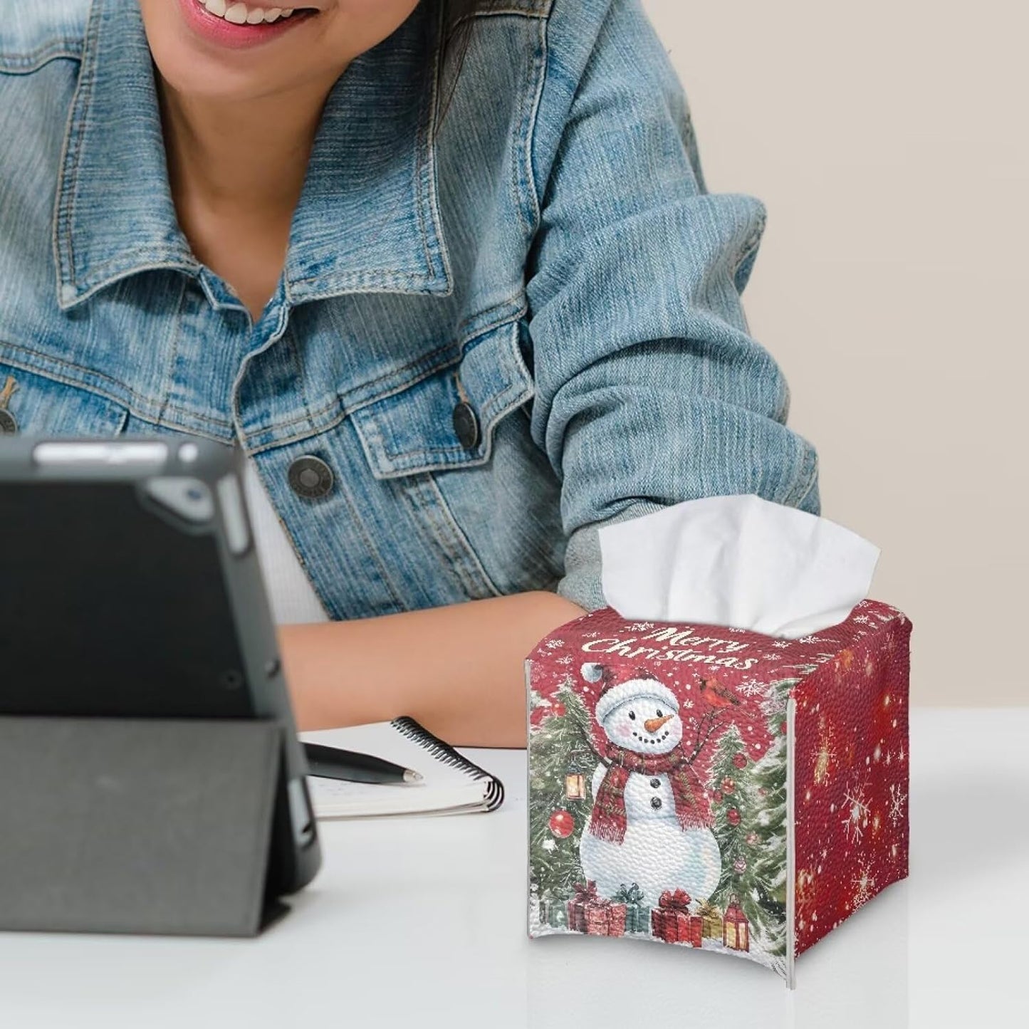 Red Tissue Box Cover Square Christmas Snowman Tissue Box Holder PU Leather Fun Tissue Box Modern Home Decor Tissue Holder for Living Room Desk Bathroom