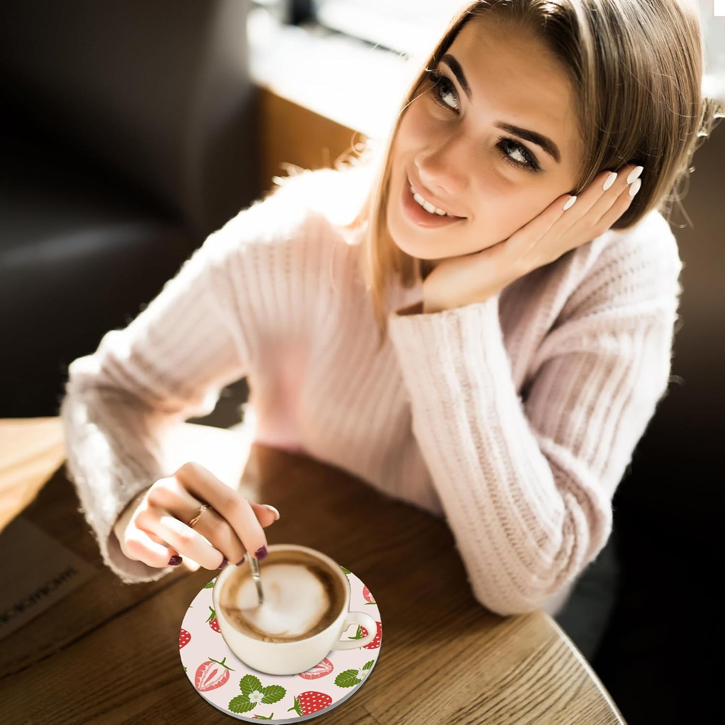 Coasters for Drinks,Strawberry Fruit Strawberries Pink Absorbent Coaster Set of 4 with Cork Base,Ceramic Drink Coasters for Cold Drinks Wine Glasses Cups Mugs,Housewarming Gifts for Home Decor