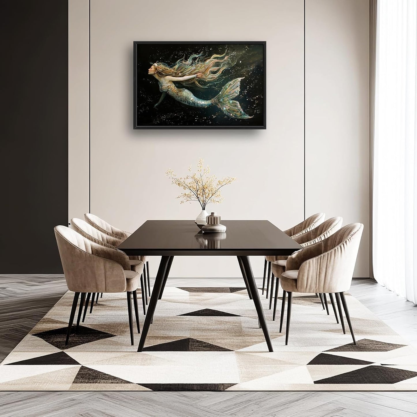 Mermaid Large Framed Wall Art for Living Room Golden Mermaid Pictures Wall Decor Ocean Print Painting Artwork Modern Home Decoration for Bedroom Office 36x24 inch