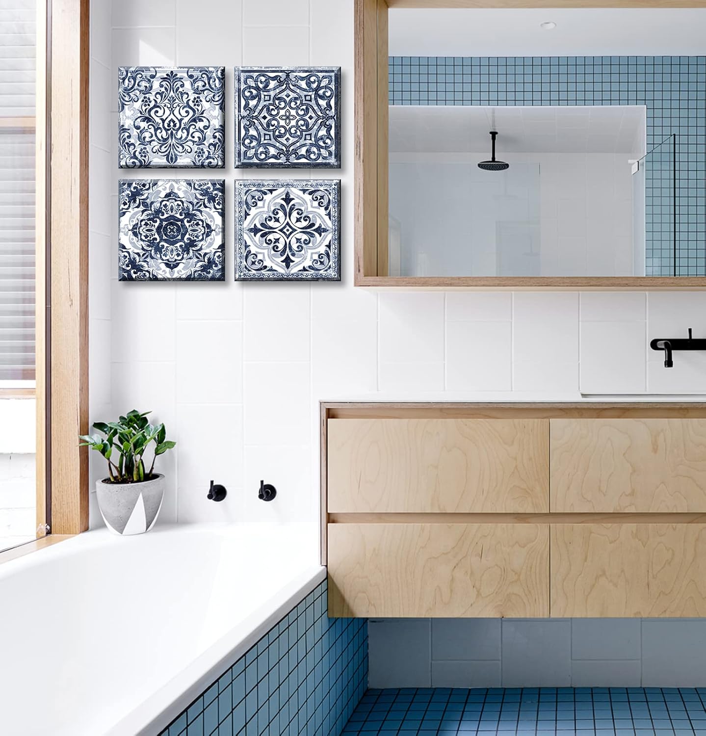 DJSYLIFE Bathroom Wall Decor Navy Blue Flower Paintings Canvas Prints Decoration Vintage Wall Art for Bedroom Framed Ready to Hang 12" Wx12 Hx4 pcs