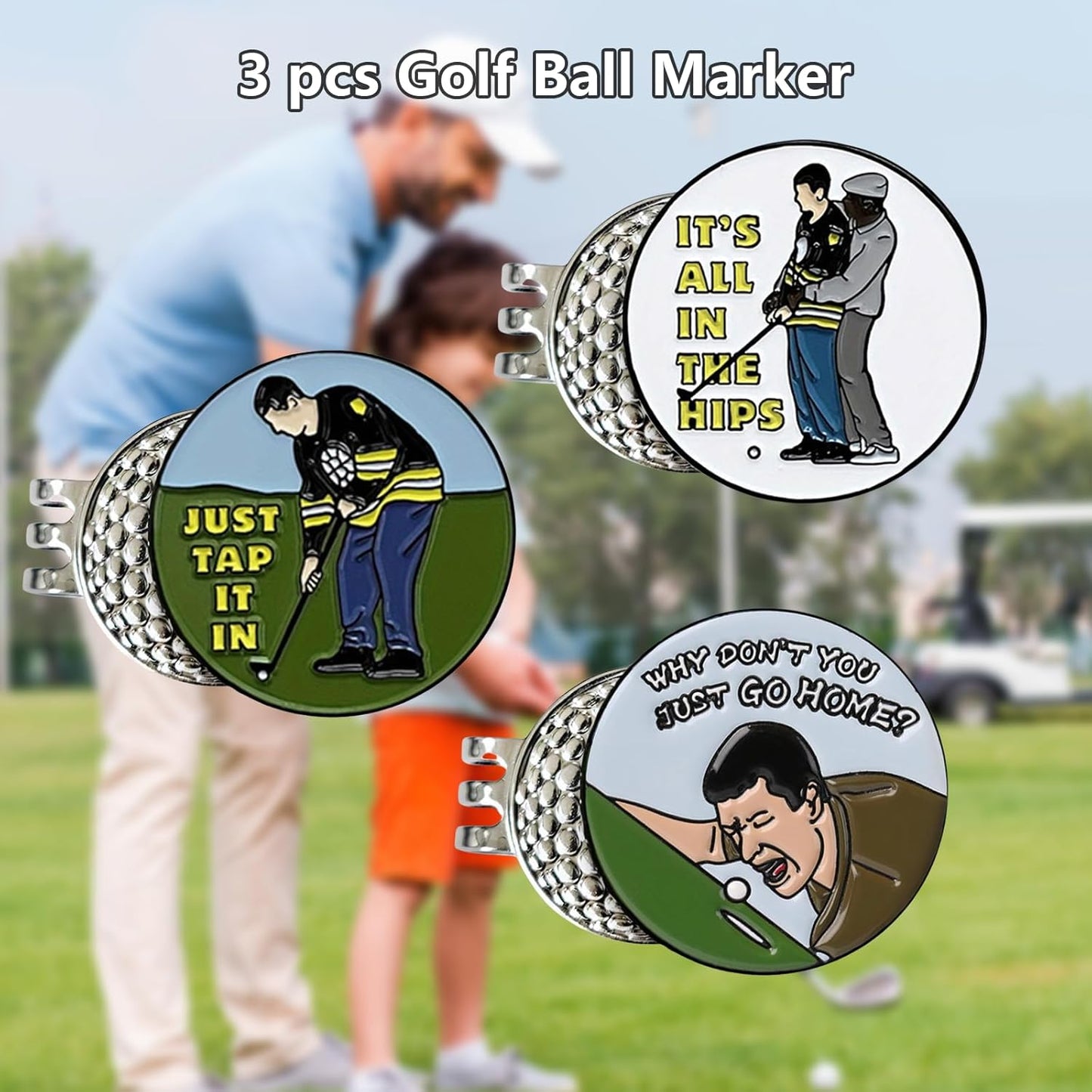 Golf Ball Marker with Magnetic Hat Clip, 3 Pack Happy-Gilmore Golf Ball Markers, Personalized Golf Accessories for Hats, Gloves, Bags, Perfect for Golf Rounds, Practice, Gifts for Golf Fans