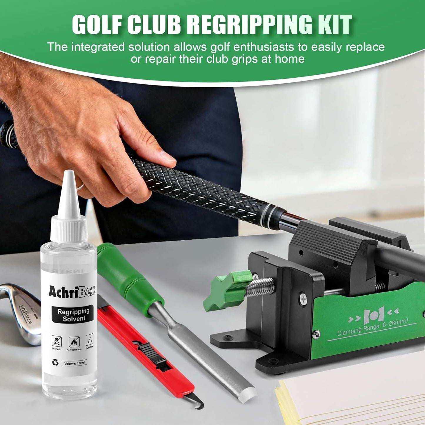 Golf Grip Kit with Grip Removal Tool & Tape - Golf Club Regripping Kit for Easy DIY Installation, Includes Golf Club Vise Clamp & Accessories for Grips Replacement for Golf Regripping Station