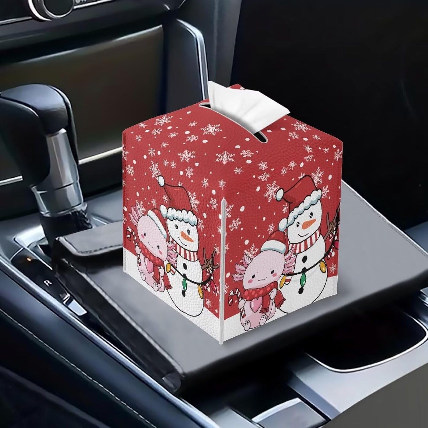Red Christmas Tissue Box Cover PU Leather Tissue Box Holder with Snowman & Axolotl Pattern 5x5x5 inch Waterproof Protective Cover for Home Car Office Hotel Decor