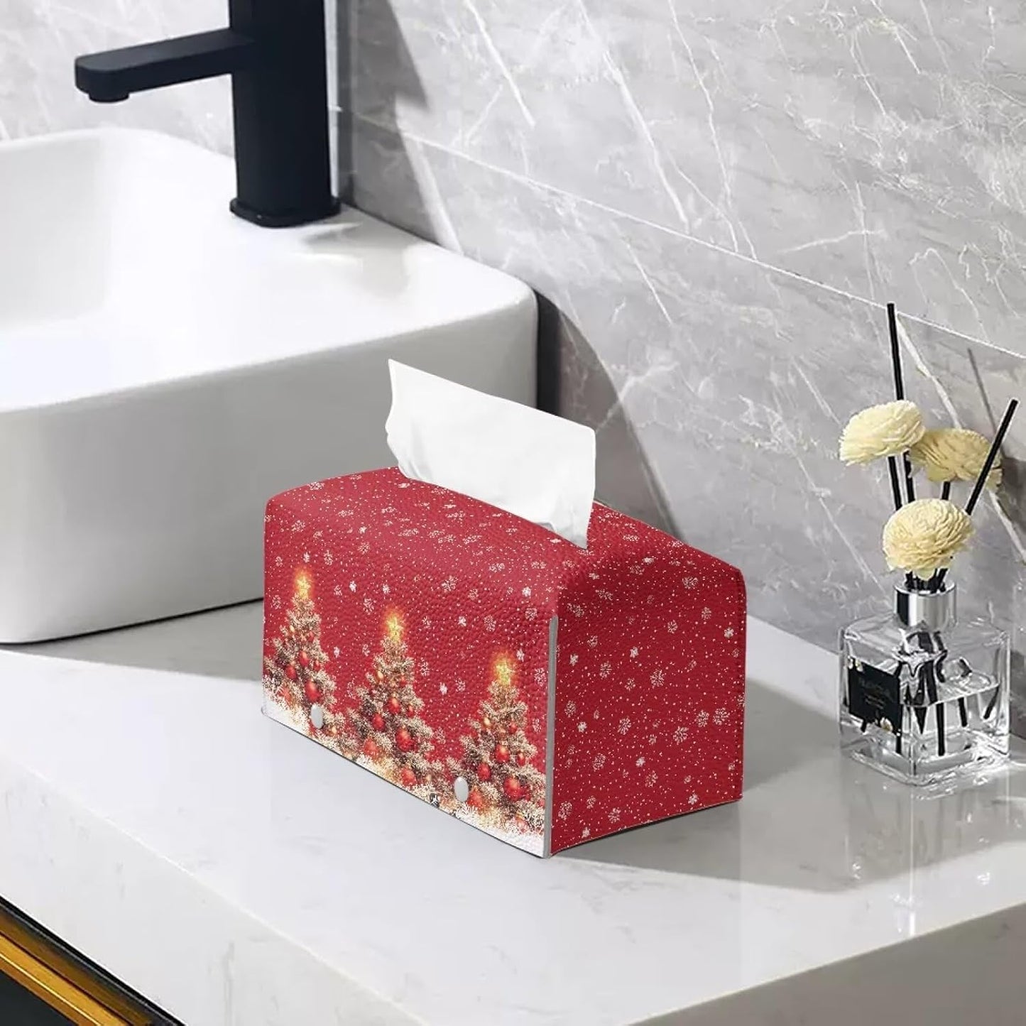 Christmas Tree Tissue Box Cover Rectangle Leather Tissue Box Holiday Home Decor Tissue Holder for Home Office Bathroom Desk Red