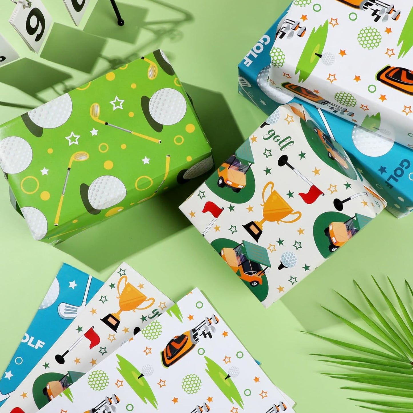Golf Cart Bag Design Wrapping Paper - 12 Sheets Blue Green Golfing Gift Wrap Sports Themed Gifts for Birthday, Holiday - 20" x 28