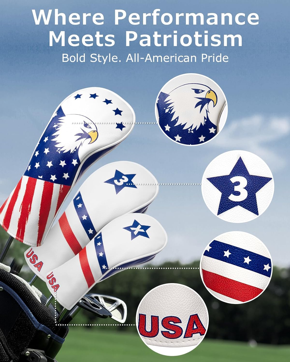 Golf Head Covers, 3 Pack Golf Club Head Covers USA Stars and Stripes, Velour Lined for Extra Club Protection, Designed to Fit All Woods and Drivers Velour Lined