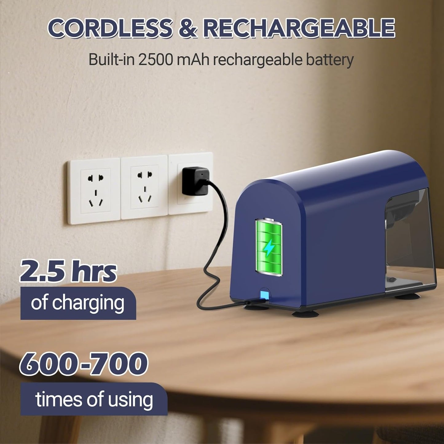 AFMAT PSD2 Electric Pencil Sharpener Heavy Duty, 6 Holes, Cordless & Rechargeable, Fast Sharpen, Auto Stop, 10K+ Uses, Classroom Pencil Sharpener for 6-11mm No.2/Large/Colored Pencils, Blue