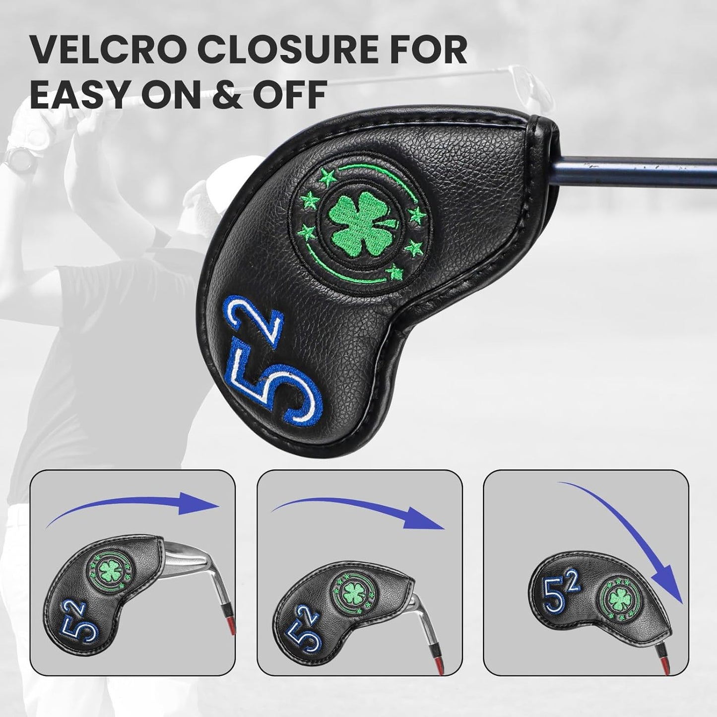 Golf Iron Wedge Head Covers 52° 54° 56° 60° 1 or 4 Pack, Synthetic Leather Clover USA Flag Design Club Head Protection, Universal Headcover Fit Iron Clubs for Men Women