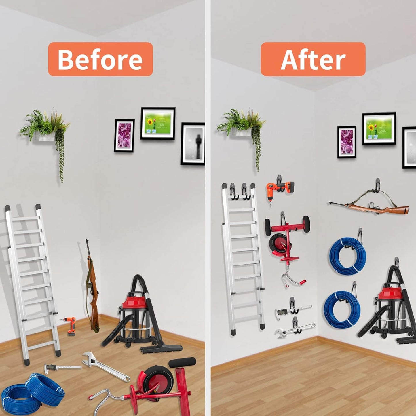 12 Pack Garage Hooks Heavy Duty Utility Steel with Anti-Slip Coating Wall Mount Storage Organizer for Hanging Power and Garden Tools, Ladders, Hose, Bikes, Ropes, Bulk Items, and More