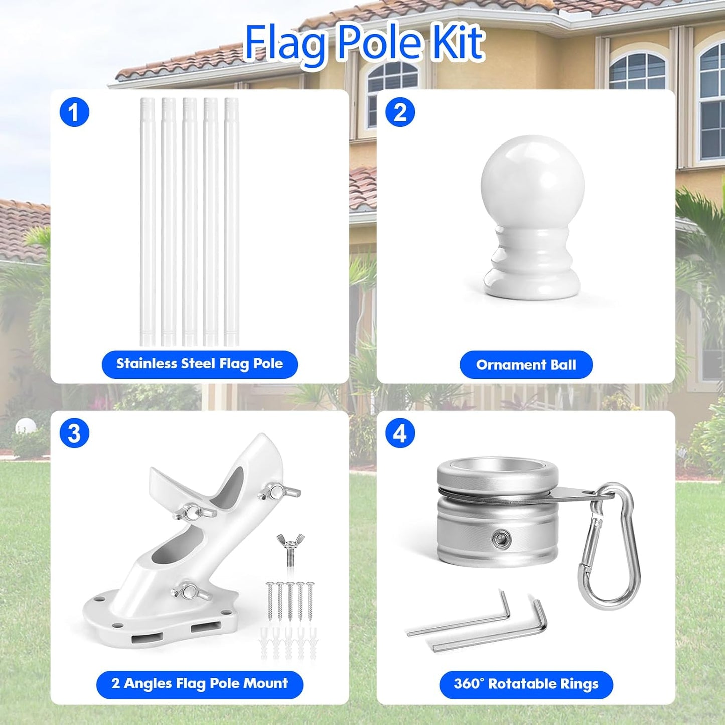 Anovo Flag Pole Kit- Stainless Steel 6 FT Flag Poles with1 Inch Metal 360° Rotating Flag Pole Rings Clip, Two-Position Flag Pole Holder Brackets Mounting for Outside House Outdoor Porch(6 FT - White)